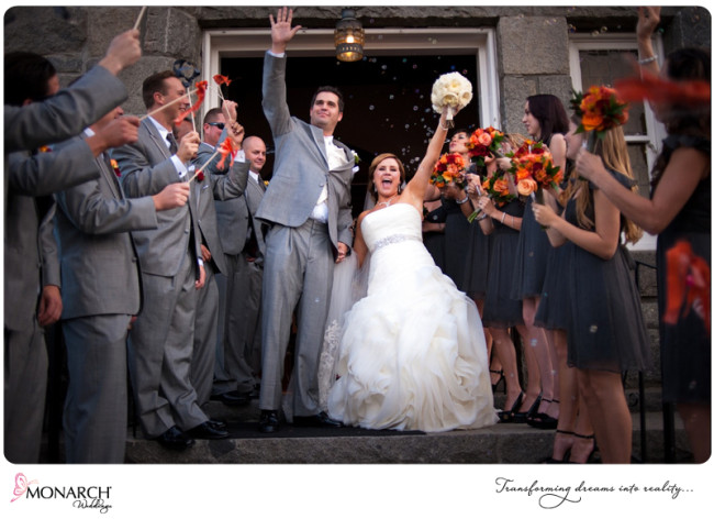 orange-gray-red-wedding-exiting-church-with-pom-poms-and-bubbles orange-gray-red-wedding-exiting-church-with-pom-poms-and-bubbles