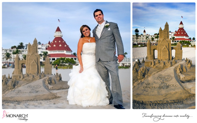 Bride-and-groom-with-sand-castle-infront-of-Hotel-Del-Coronado Bride-and-groom-with-sand-castle-infront-of-Hotel-Del-Coronado